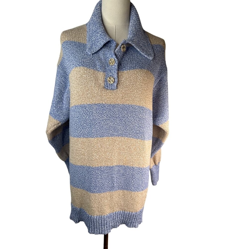 2/$30 ZARA Small Blue & Tan Striped Knit Sweater Cotton Blend